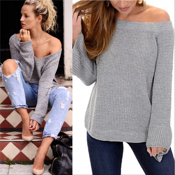 . Sweaters - LAST 2"FIONA" GRAY OFF SHOULDER SWEATER